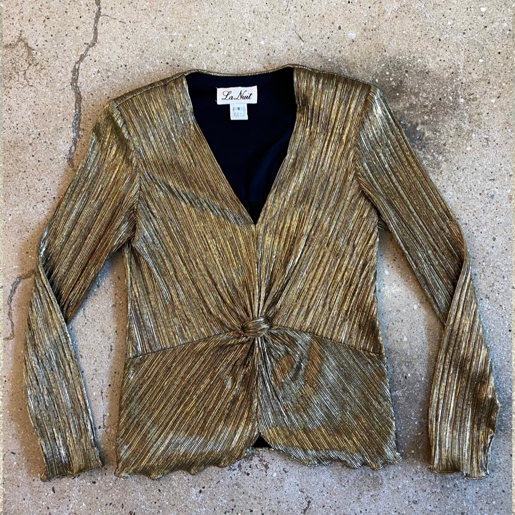 70s/80s Vintage Gold Metallic Long Sleeve Top with Knot Accent