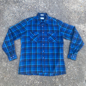 1970s Blue Plaid Flannel Button-up