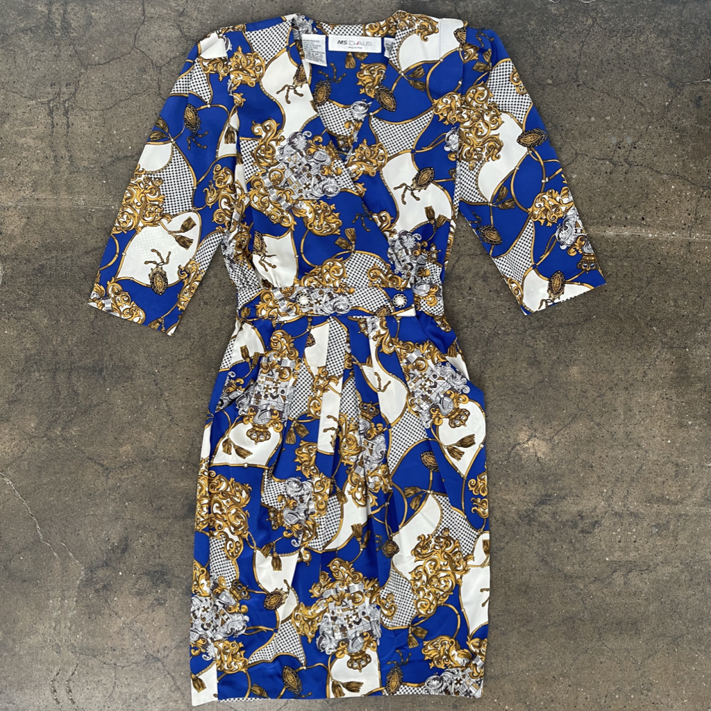 1990s Blue, White, & Gold Baroque Print Midi Dress