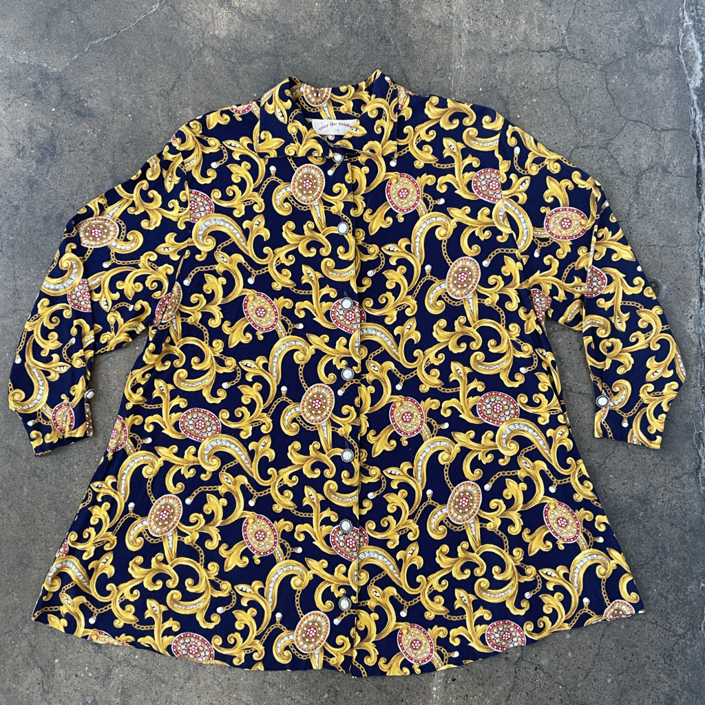 1990s Vintage Navy + Gold Baroque Print Blouse