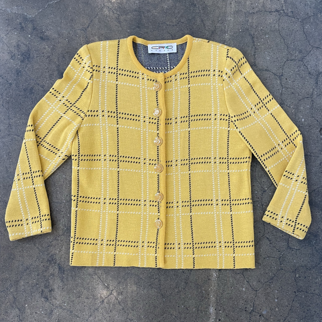 1990s Vintage Yellow Plaid Knit Cardigan