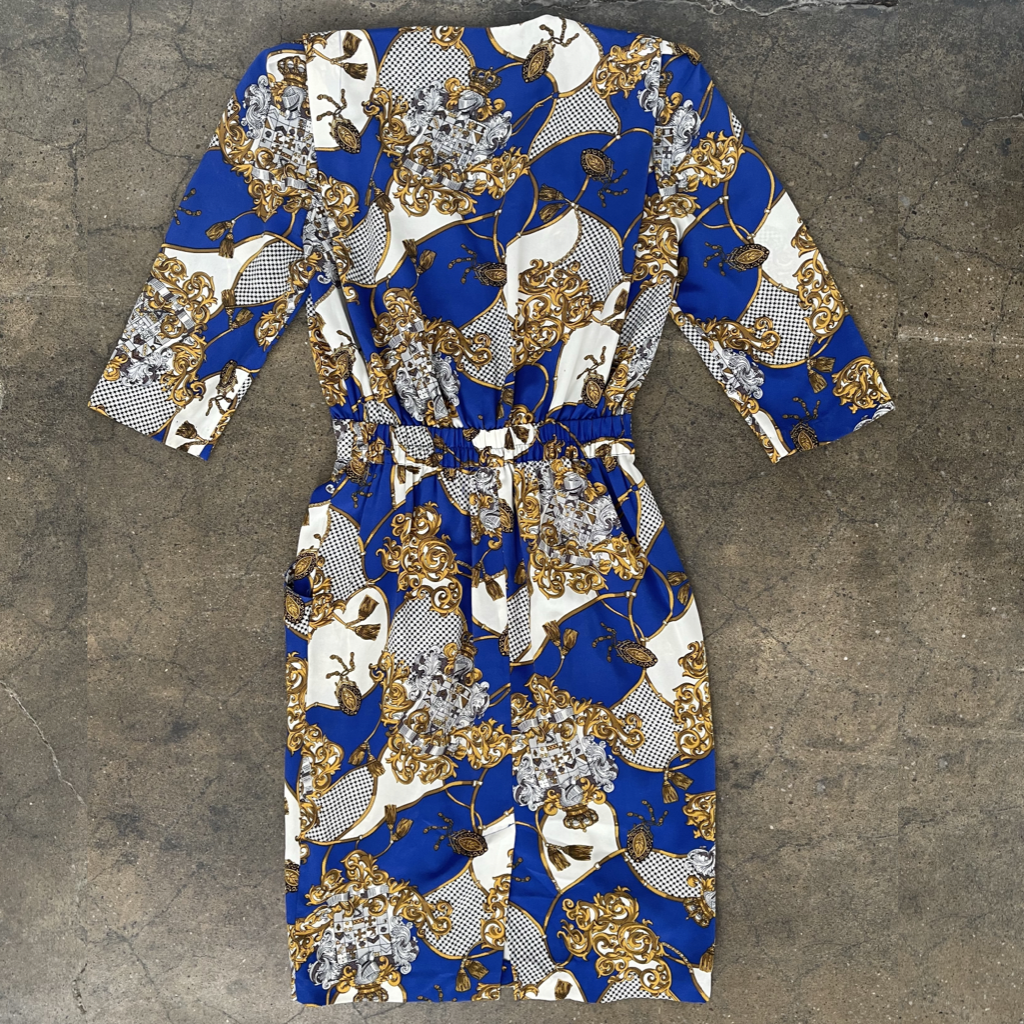 1990s Blue, White, & Gold Baroque Print Midi Dress