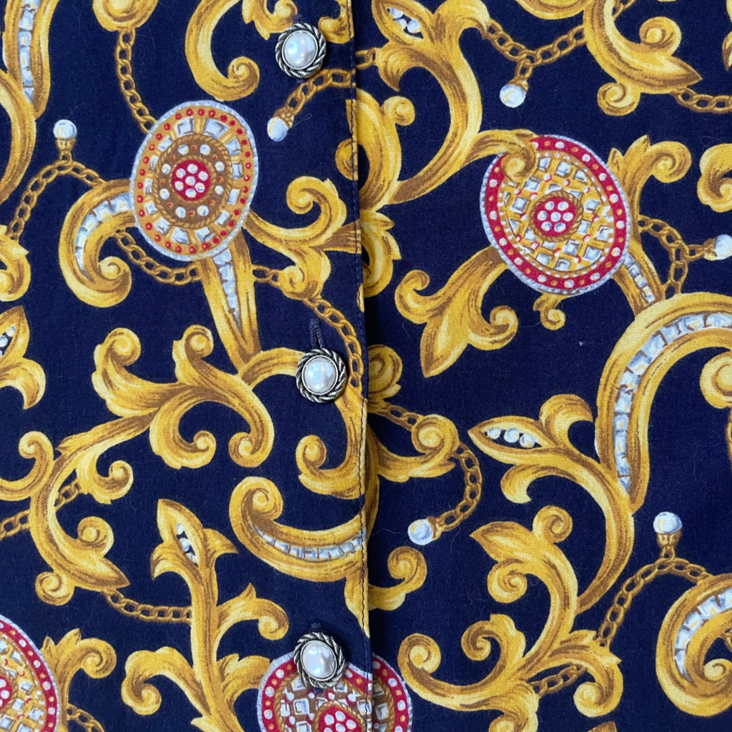 1990s Vintage Navy + Gold Baroque Print Blouse