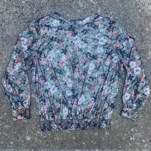 1980s Metallic Floral Blouse with Gathered Waist