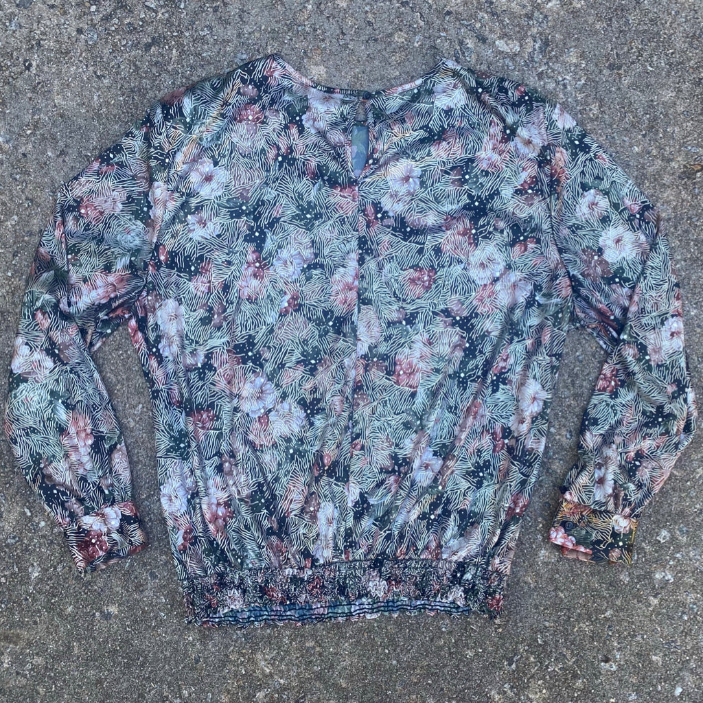 1980s Metallic Floral Blouse with Gathered Waist