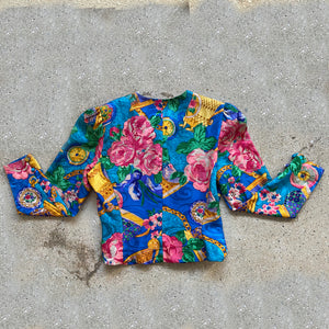 1990s Vintage Floral Baroque Silk Jacket Blouse