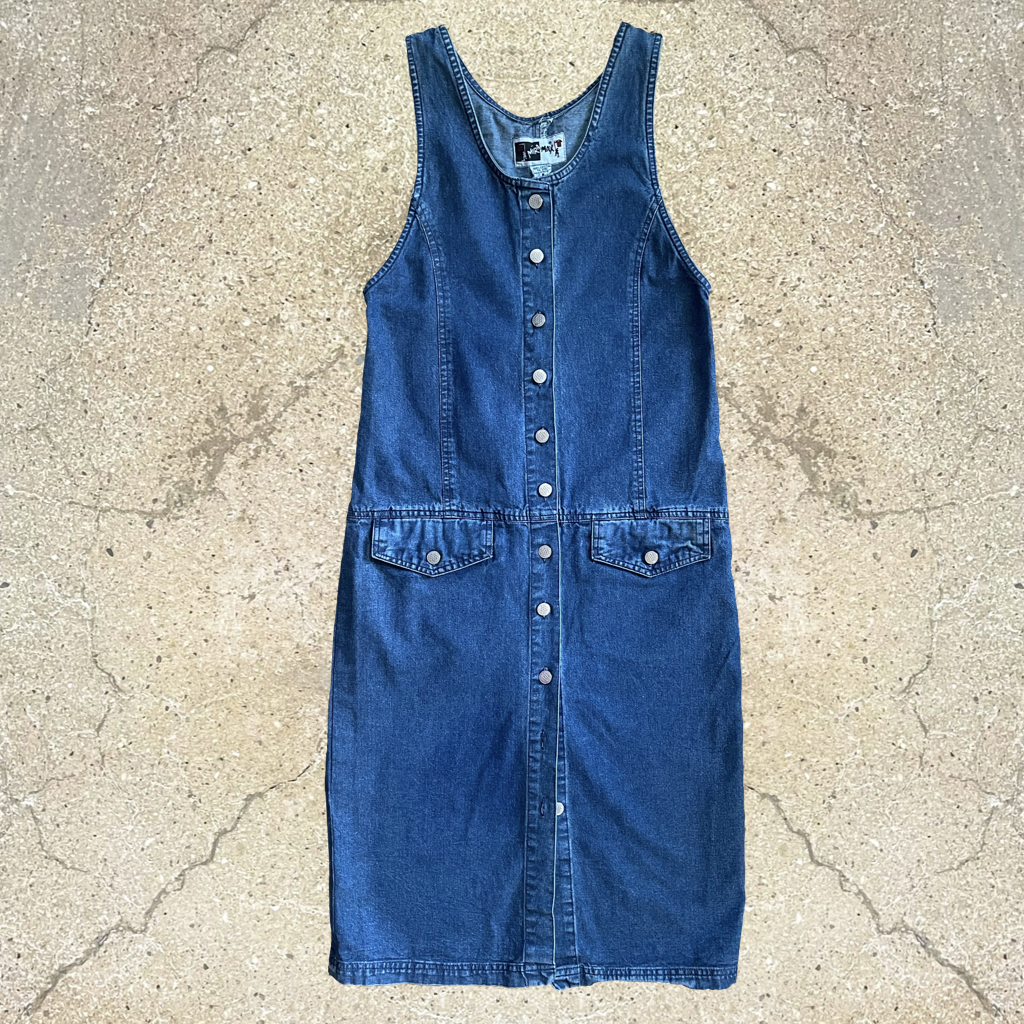 1990s Vintage Sleeveless Denim Button Up Dress