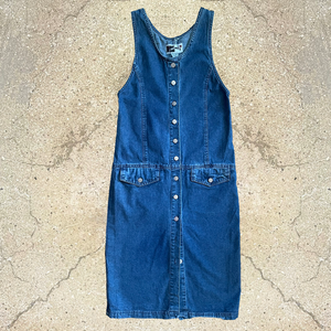 1990s Vintage Sleeveless Denim Button Up Dress