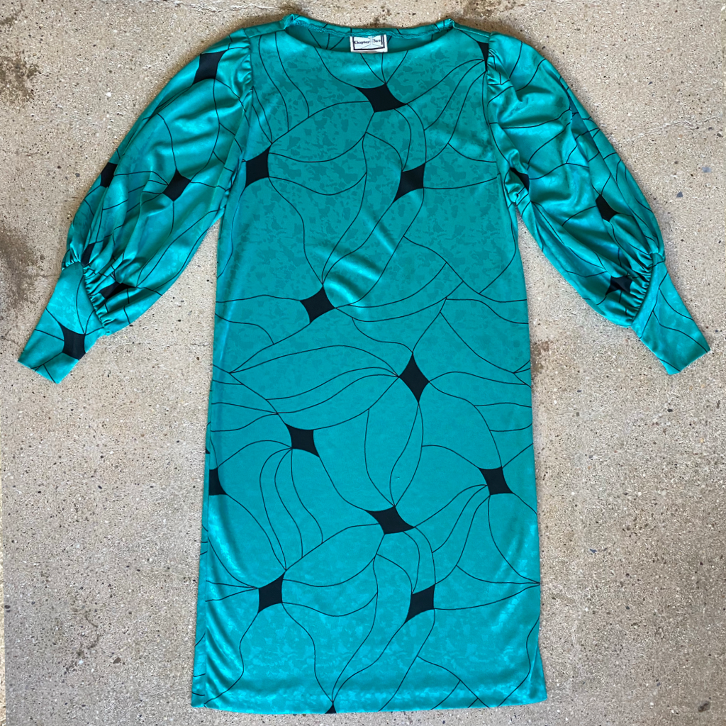 1980s Vintage Teal Geometric Print Long Sleeve Dress