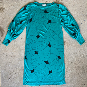 1980s Vintage Teal Geometric Print Long Sleeve Dress