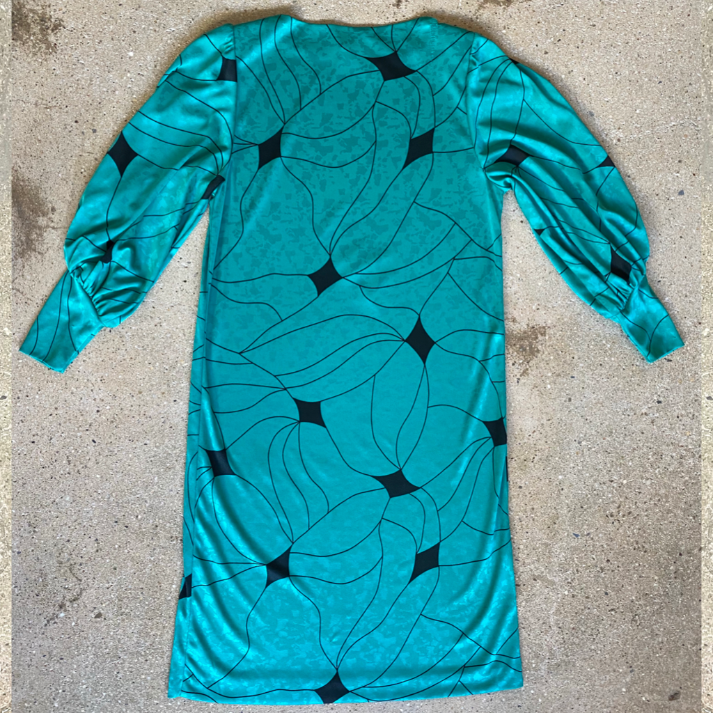 1980s Vintage Teal Geometric Print Long Sleeve Dress