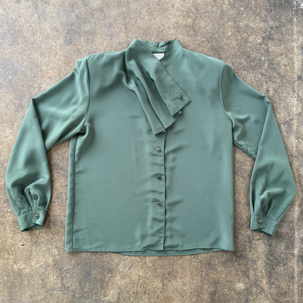 1980s Vintage Olive Green Blouse with Unique Collar Detail