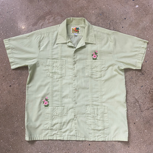 Spring Green Guayabera Shirt with Hand Pressed Vintage Floral Patches