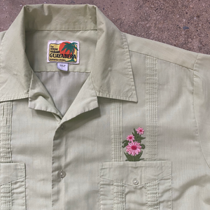 Spring Green Guayabera Shirt with Hand Pressed Vintage Floral Patches