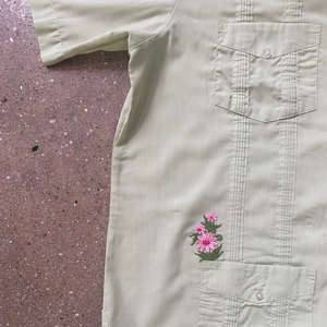 Spring Green Guayabera Shirt with Hand Pressed Vintage Floral Patches