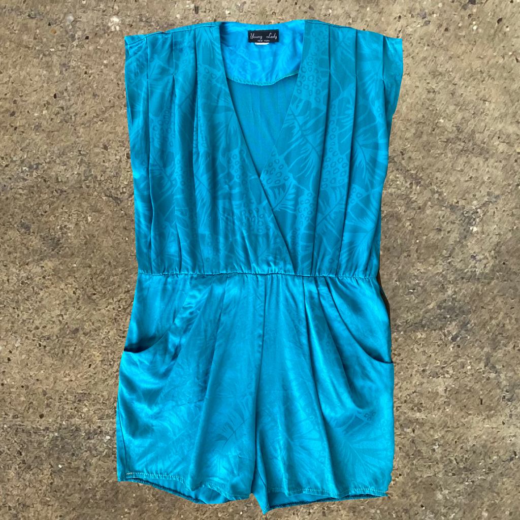 1970s Vintage Teal Tropical Pattern Romper Shorts