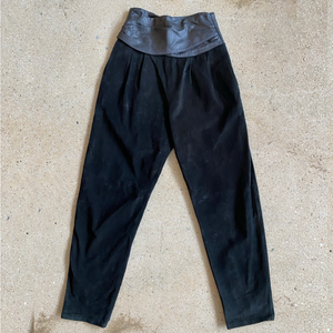 1980s Black Suede + Leather High-waisted Pants