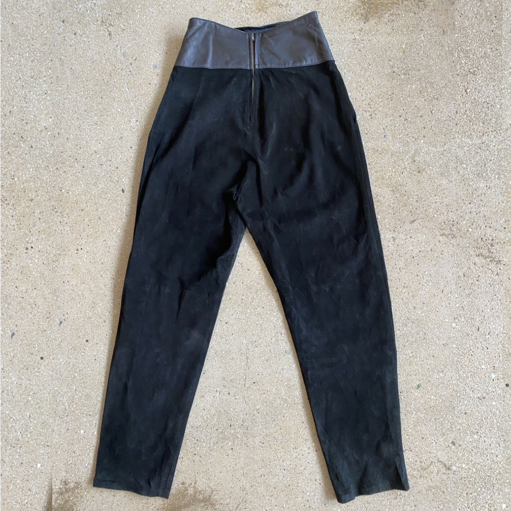 1980s Black Suede + Leather High-waisted Pants