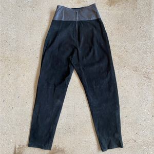 1980s Black Suede + Leather High-waisted Pants