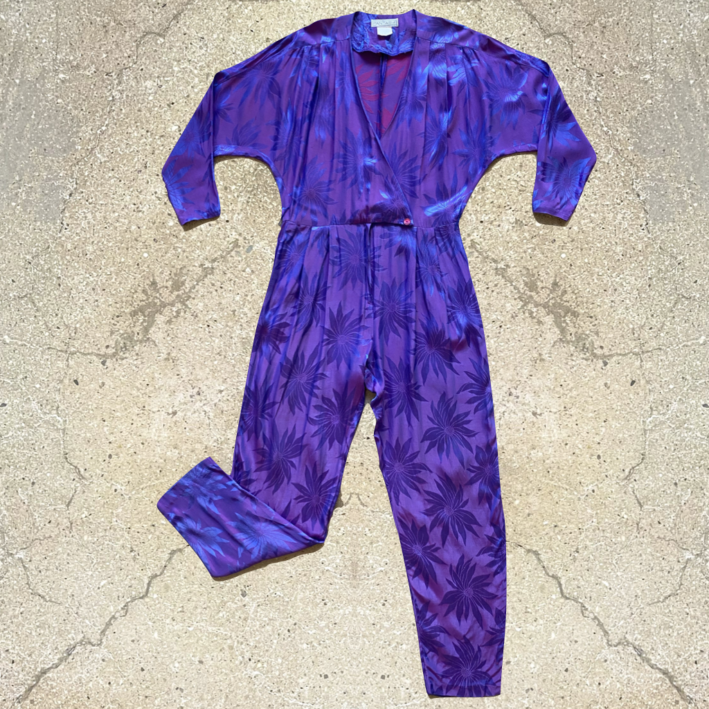 1980s Vintage Iridescent Purple & Blue Floral Jumpsuit