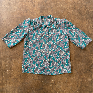 80s/90s Vintage Double-breasted Patterned Short Sleeve Blouse